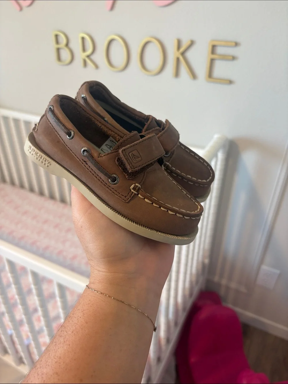 Sperry Brown Leather Kids Boat Shoes with Hook-and-Loop Velcro Strap